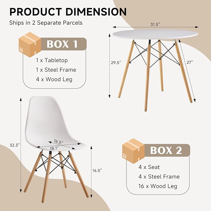 31.5'' 5 Piece Round Dining Table Set for 4, Mid-Century Modern Table with Chairs, Space Saving, Plastic Seats, Wood Legs, Circle Dinner Table for Kitchen, Home, Apartment, White