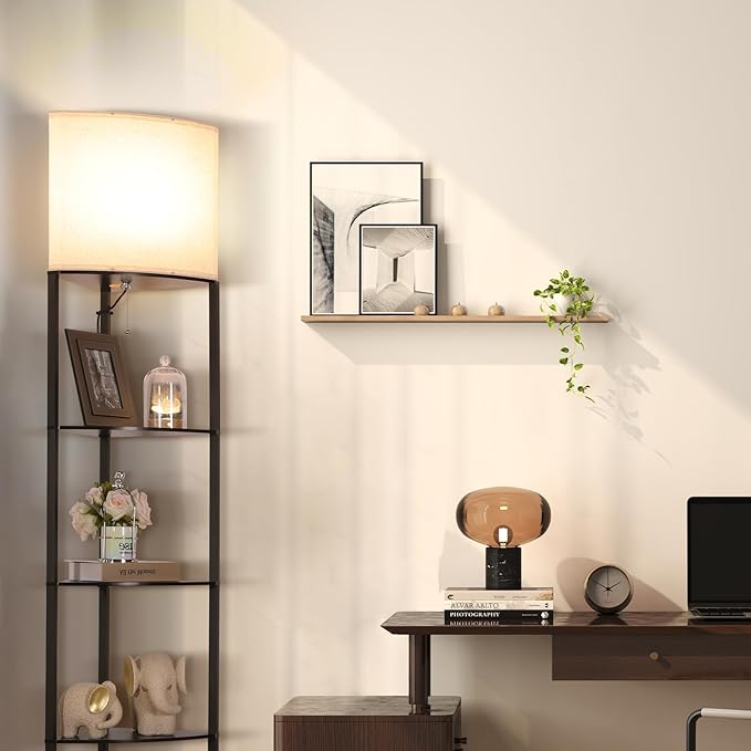 Floor Lamp with Shelves, Sector Corner Shelf Lamp with 3 Color Temperature Bulb, with Linen Lampshade Bookshelf Corner Display Lamp for Living Room, Bedroom and Office(Black)