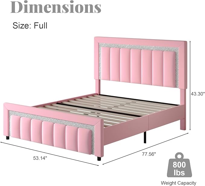 HOMBCK Full Size Bed Frame with Diamond Headboard, Upholstered Platform Bed with Velvet Headboard and Footboard, Full Bed Frame with Wooden Slats, No Box Spring Needed, Easy Assembly, Pink