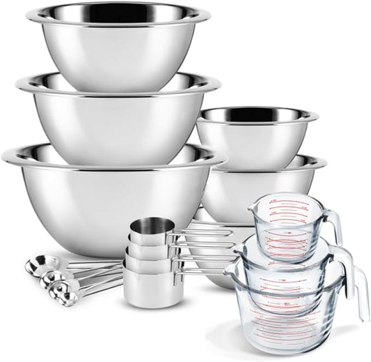 Eatex Mixing Bowls with Measuring Cups & Measuring Spoons 17 Piece Set - Nesting Stainless Steel Mixing Bowls Set for Kitchen, Measuring Spoons & Glass Liquid Measuring Cups, Dishwasher Safe Meal Prep