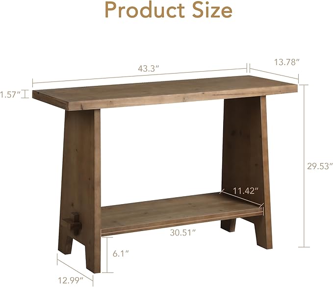 Solid Wood Console Table, 43.3" Farmhouse Entryway Table with Storage Shelf, Rustic Narrow Skinny Behind Couch Sofa Table for Living Room, Hallway, Entryway, Foyer, Brown