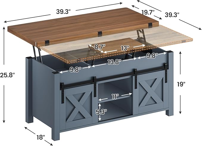 SEDETA Lift Top Coffee Table, 4 in 1 Multi-Function Convertible Coffee Tables with Storage and Hidden Compartment, Farmhouse Coffee Table Converts to Dining Table for Living Room, Blue