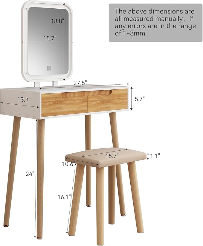 YOURLITE Makeup Vanity Desk with Lights, Small Vanity with Adjustable Brightness Mirror for Small Spaces, Vanity Desk with Drawers 27.5", Square Mirror Wood