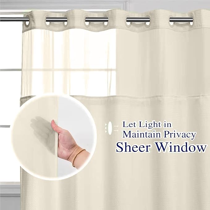 No Hooks Required Waffle Weave Shower Curtain with Snap in Liner-Hotel Grade Waterproof & Mesh Top Window Spa Like Small Stall Bath Curtain Machine Washable 54Wx80L Beige