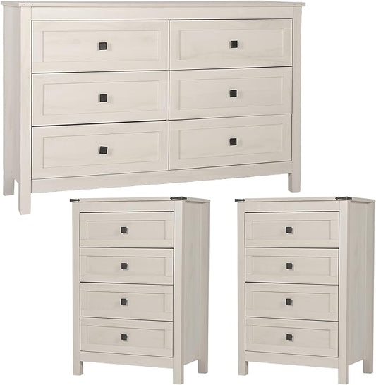 Farmhouse 6 Drawer Dresser and Double Dresser Chest of Drawers Wide Storage Organizer for Bedroom, Living Room, Rustic Beige