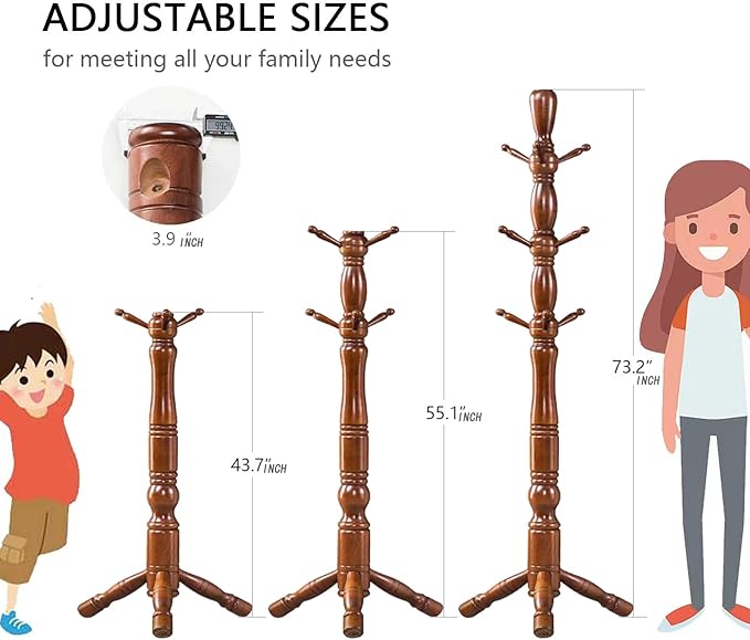 Wood Coat Rack Hall Tree, Stable Triangle Base Coat Tree with 3 Height Options and 9 Hooks, Vintage Coat Rack Freestanding for Hall Entryway, Bedroom and Home Office (Walnut)