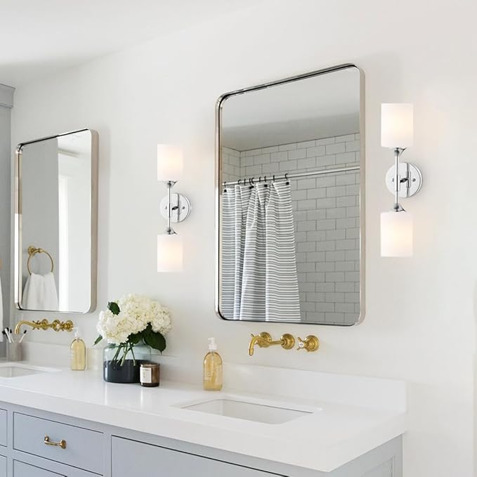 2-Lights Modern Wall Sconce White Cylinder Glass Shades Mid Century Bathroom Vanity Wall Light Fixtures Industrial Wall Lamp for Bedroom Mirror Living Room Restaurant(Chrome Color)