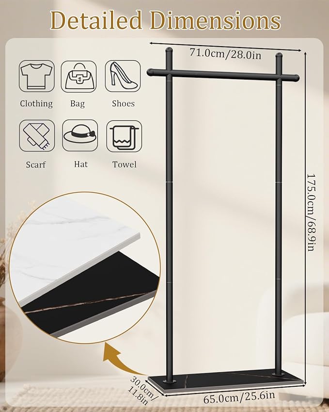 Coat Rack Freestanding with Natural Rock Base, Metal Coat Hanger Stand, Industrial Garment Rack, Clothes Tree for Bedroom Living Room Office To Hang Clothes, Hats, 68.9in, Black, Large