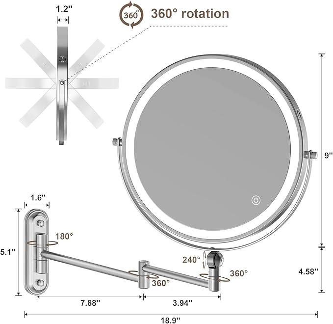9" Wall Mounted Makeup Lighted Mirror, 4000mAh Rechargeable Double Sided LED Vanity Mirror with Height Adjustable&1X/10X Magnification, 3 Color Lights Touch Screen Dimmable 360°Swivel Bathroom Mirror
