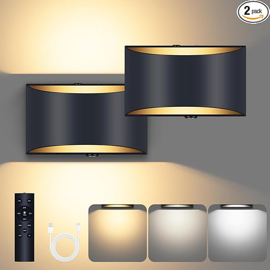 2 Pack Battery Operated Wall Sconce with Remote Control,No Hardwired Black Aluminum Wall Sconces,50W Equivalent Battery Wall Light,3000K-6500K Dimmable Wall Sconces