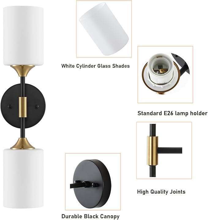 Industrial Mid Century Wall Sconce 2-Lights with White Cylinder Glass Shades Modern Bathroom Vanity Wall Lamp Matte Black and Gold Brushed Brass Finished Wall Light Fixture