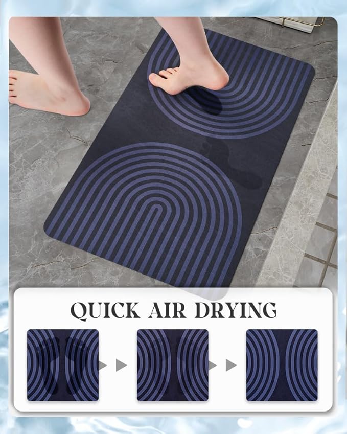 MontVoo -Bath Mat-Non Slip Thin Bathroom Rugs Fit Under Door- Quick Dry Absorbent Faux Suede Surface Grey Bathroom Floor Mats-Shower Rug for in Front of Bathtub Shower Blue Arched 16x24