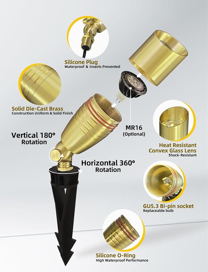 COLOER Die-cast Brass Landscape Spotlight 6-Pack Without Bulb,12V AC/DC Low Voltage Copper Outdoor Lighting with Ground Stake, Directional Garden Patio Spot Up Light (102B Copper Finish)