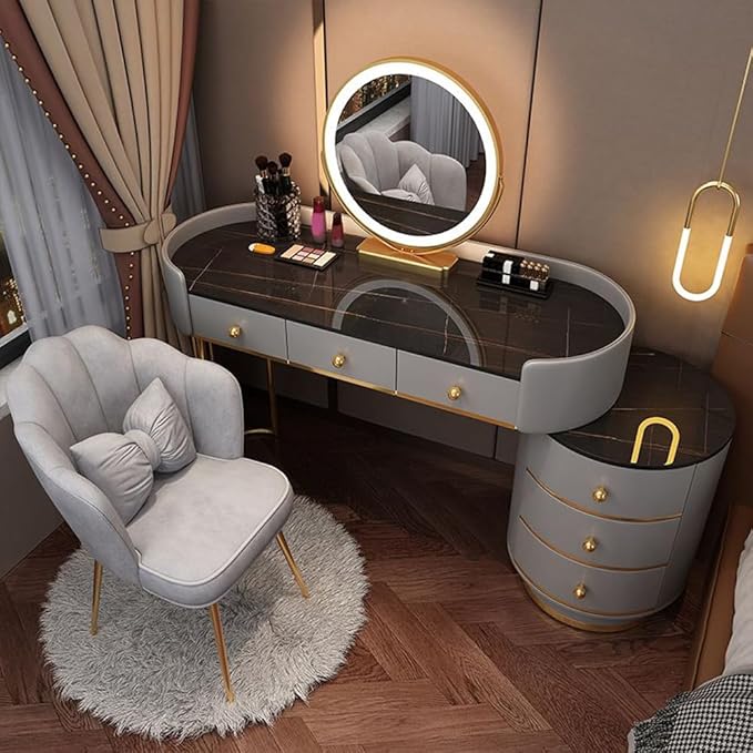 KWOKING Contemporary Make-up Vanity with Slate Stone Top & Storage Drawers Bedroom Dressing Table Storage Cabinet Integrated Table Gray Black - Makeup Vanity & Mirror & Petal Chair 47"L x 16"W x 31"H