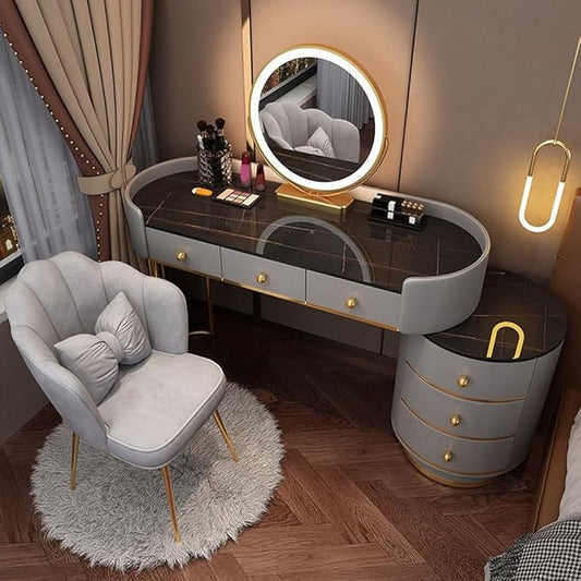 KWOKING Contemporary Make-up Vanity with Slate Stone Top & Storage Drawers Bedroom Dressing Table Storage Cabinet Integrated Table Gray Black - Makeup Vanity & Mirror & Petal Chair 47"L x 16"W x 31"H
