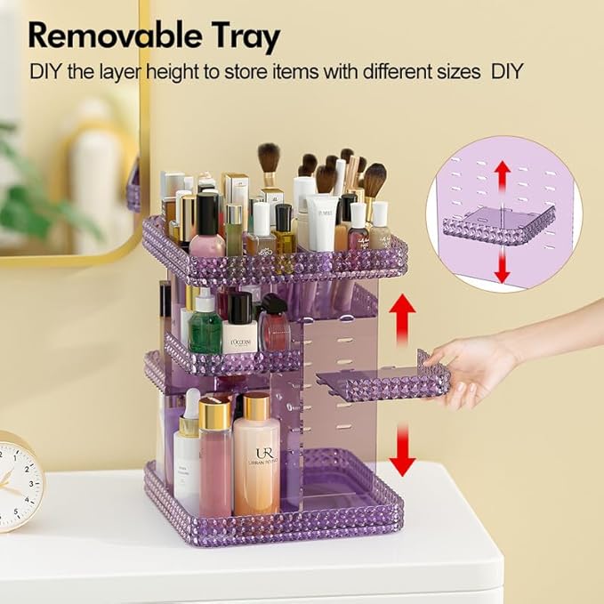 Makeup Perfume Organizer - 360 Rotating Acrylic Cosmetic Storage Make Up Organizer with Lazy Susan for Vanity & Dresser Countertop (Purple)