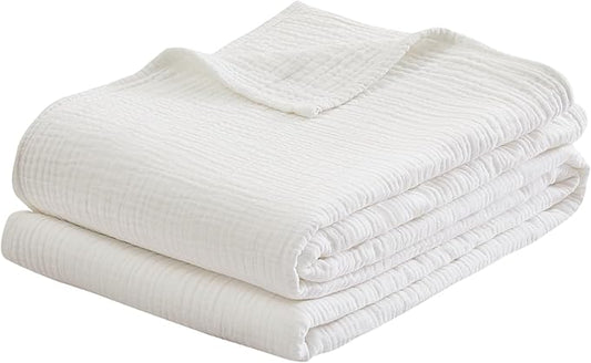 100% Cotton Muslin Queen Blanket (90" x 90") – A Luxuriously Soft, 4-Layer Lightweight and Breathable Gauze Blanket, Perfect for Year-Round use on beds, couches (White, Queen)