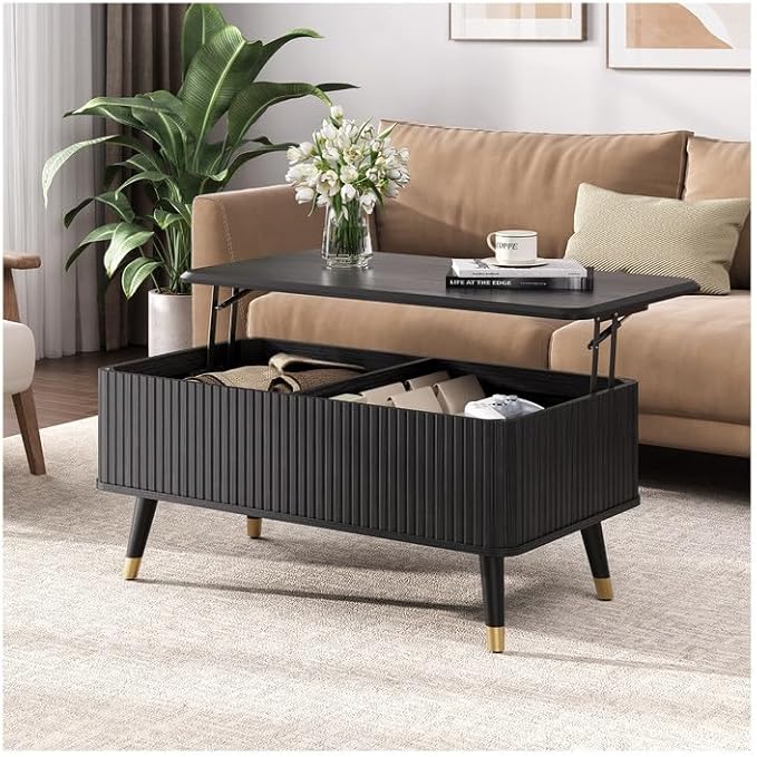 Lift Top Coffee Table with Storage,Mid Century Modern Coffee Table,Fluted Wood Rectangle Center Table for Living Room,Home Office,Black