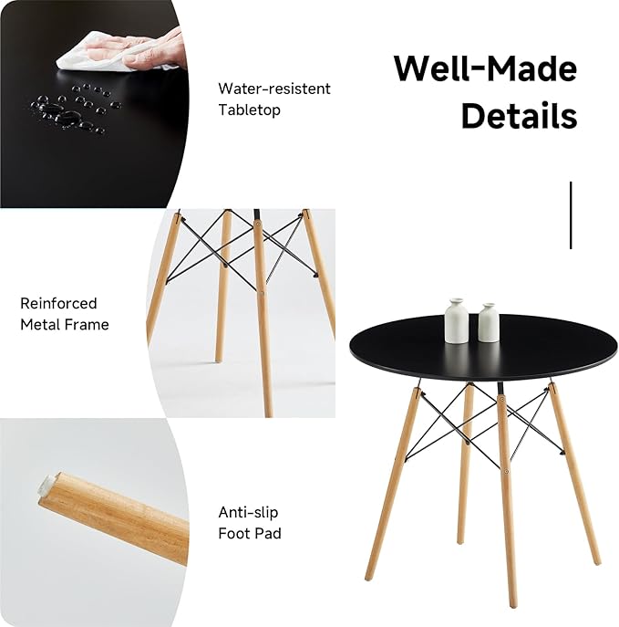 Round Dining Table Set for 4 31.5" Wood Dinner Table Circle Dining Table Kitchen Table Chairs Set of 4 with Wood Strip Base for Kitchen Living Room Space Saving Apartment(Black)