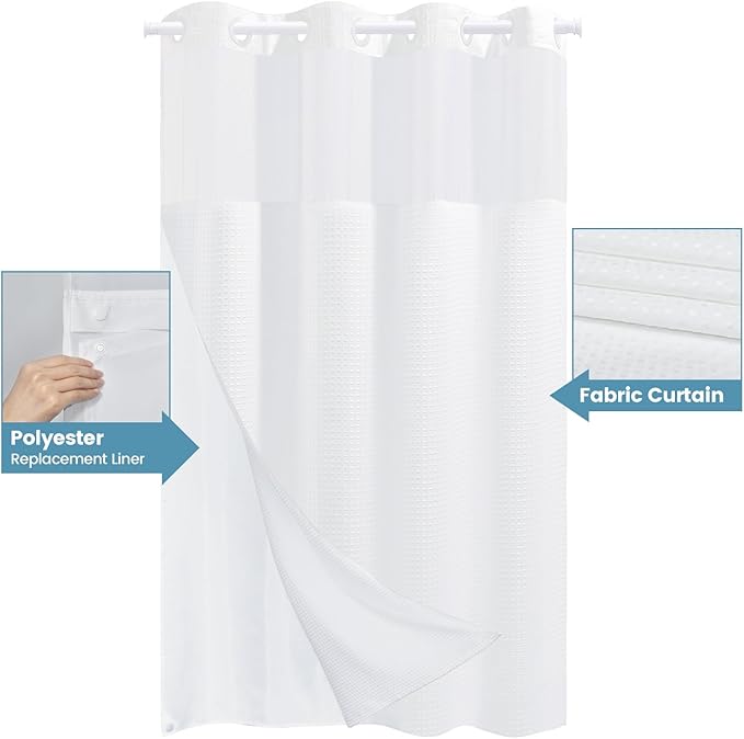 Stall No Hook Shower Curtain with Snap in Liner,230GSM Waffle Weave Shower Curtains for Bathroom,60W x 74H,White