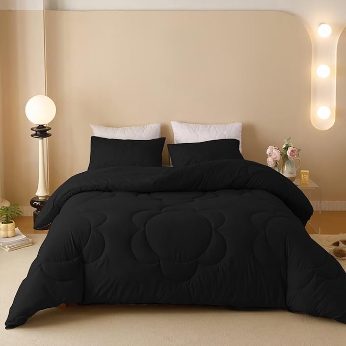 Luxlovery Black Comforter Set Cal King Sunflower Quilted All Black Bedding Comforter Set California Boho Chic Solid Plain Color Soft Breathable Blanket Quilts Women Men Farmhouse Bedding