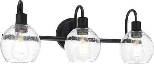 Modern 3-Lights Black Vanity Light Fixtures Farmhouse Metal Bathroom Lighting with Seeded Globe Glass for Hallway Kitchen Over Mirror Bedroom