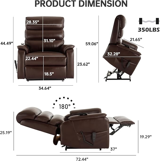 Lay Flat Lift Chair with Heat and Massage, Dual Motor Recliner with Infinite Position, Up to 350 LBS Electric Power Lift, Red Brown Leather