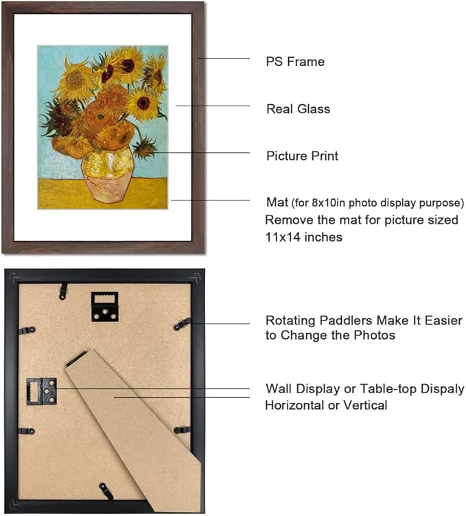 11x14 Picture Frame Set of 6 for Pictures 8x10 with Mat or 11x14 Without Mat, Wall or Tabletop Gallery Photo Frames Walnut