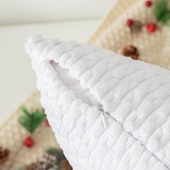 Kevin Textile Pack of 2 Velvet Pillow Covers Striped Throw Cushion Case Set Accent Corduroy Lumbar Pillowcases with Hidden Zipper for Home Decor Indoor Outdoor (12x20 Inch Pure White)