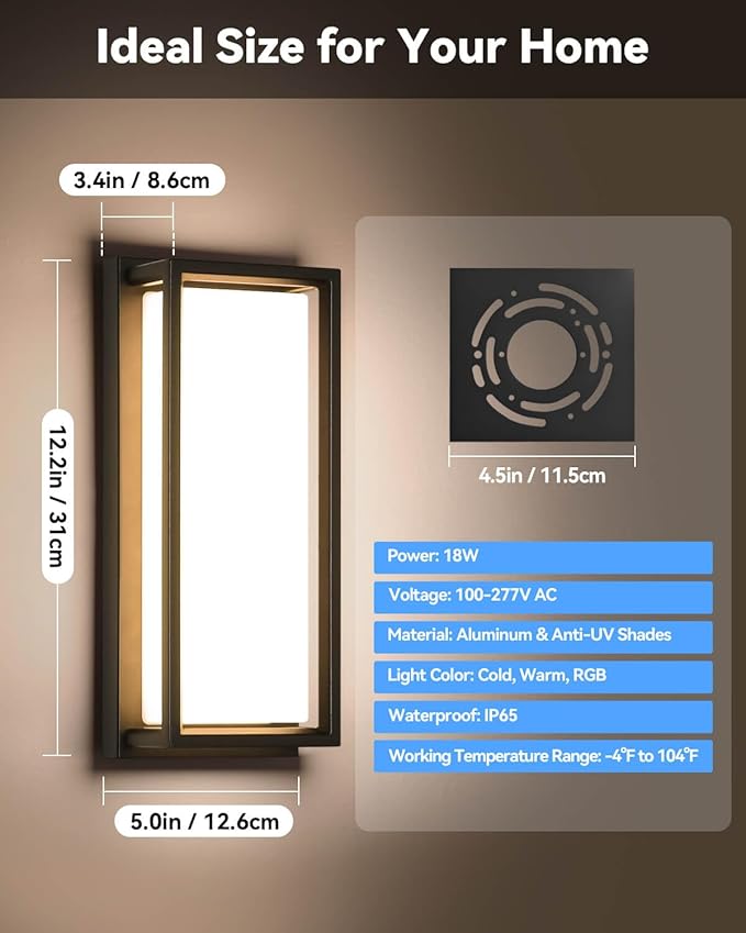 SHIMR Outdoor Wall Lights 2 Pack, 1500LM Smart Porch Lights RGBCW Exterior Light Fixture, Wi-Fi Control Color Changing Outdoor Lights IP65 Waterproof, Works with Alexa Google Assistant [ETL Listed]