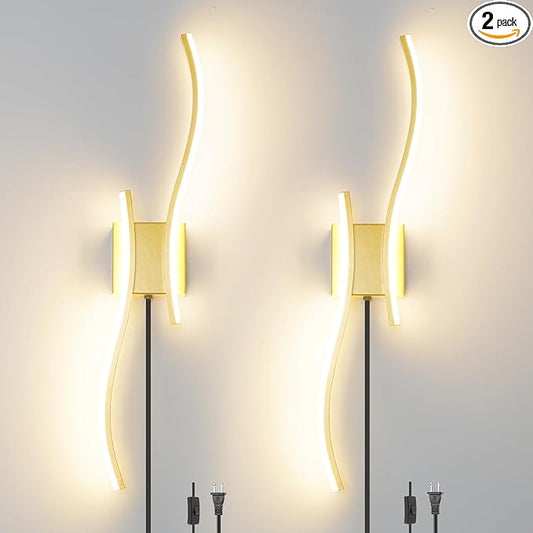 Modern Plug in Wall Sconce Set of 2, Gold Dimmable LED Wall Light with Remote Control, 3CCT Adjustable & Memory Function, Timer, Plug in Cord Wall Lamp for TV Wall Living Room Hallway Bedroom
