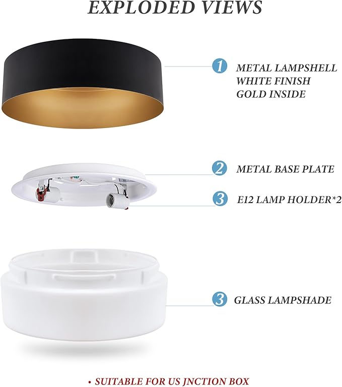 Vikaey Modern Mid Century Flush Mount Ceiling Light, 2-Light Minimalist Round Light Fixture, Black and Gold Drum Ceiling Lamp with Glass Lampshade for Bedroom, Hallway, Kitchen, 12.5in