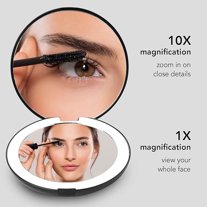 Fancii Taylor LED Lighted Travel Makeup Mirror, Rechargeable with 10x/1x Magnifying & 3 Light Settings - Compact, Portable, Large 5” Wide Hand Mirror for Handbag and Purses (Black)