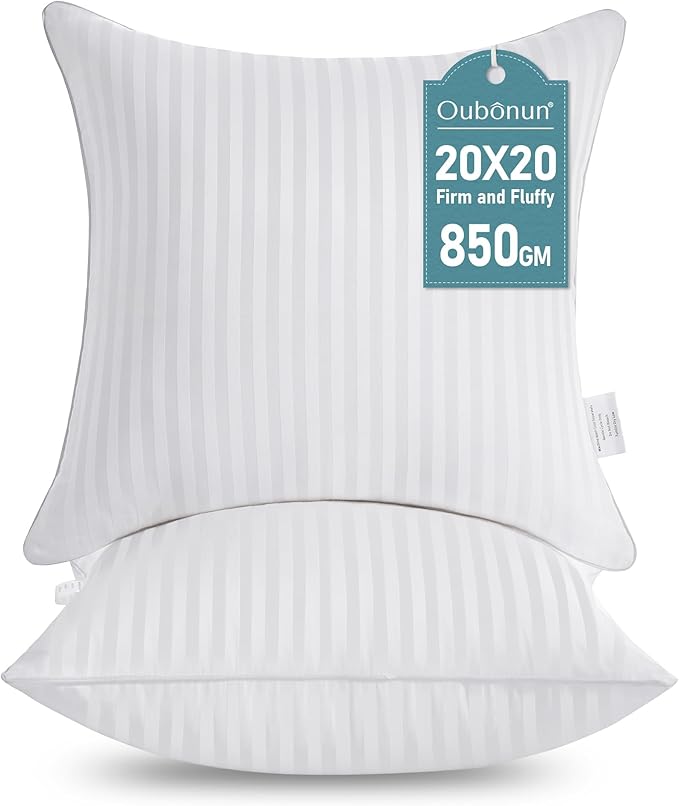 Oubonun 20 x 20 Throw Pillow Inserts, Firm and Fluffy Decorative Square Pillows for Couch Bed Sofa with Soft Cotton Cover White Cushion with Down Alternative Pack of 2