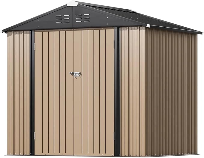 Greesum 8×6FT Outdoor Storage Shed, Metal Patio Storaged Sheds with Lockable Doors, Sheds & Outdoor Storage for Bike, Backyard, Pool and Garden, Brown