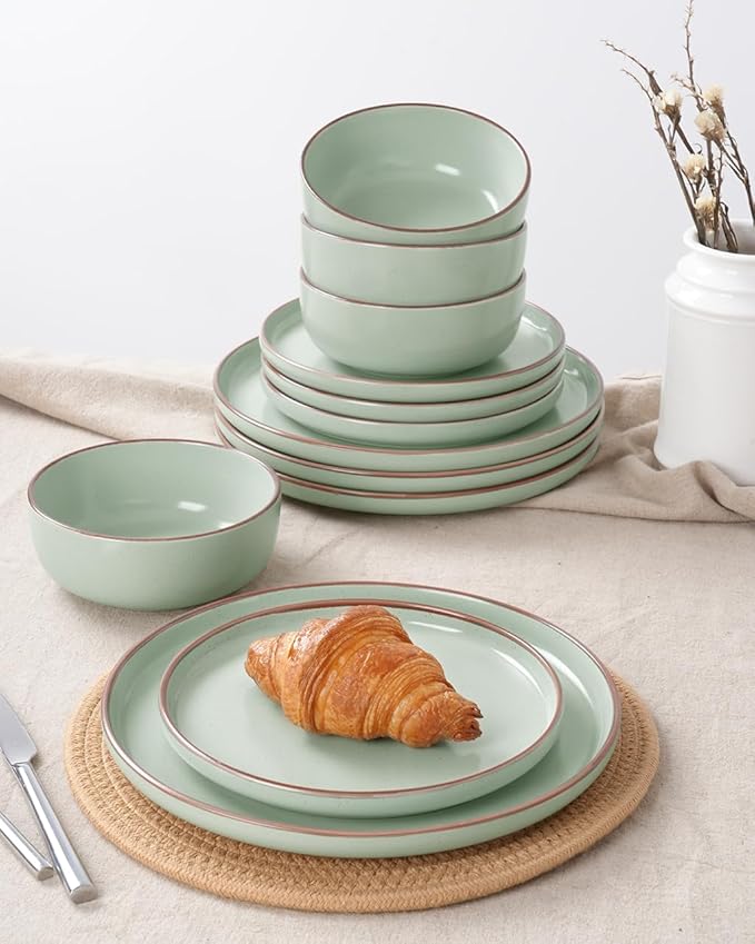 Famiware Mercury Plates and Bowls Sets, 18 Pieces Stoneware Dinnerware Sets, Dishes Set for 6, Microwave and Dishwasher Safe, Light Green