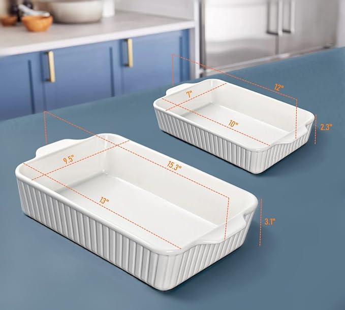 Ceramic Baking Dish Set (2-Piece) - 4.4QT & 1.8QT Rectangular Casserole Pans for Lasagna, Turkey, Cake - White Oven Safe Roaster Pans 13x9.5 & 12x7 Inch Dishwasher Safe