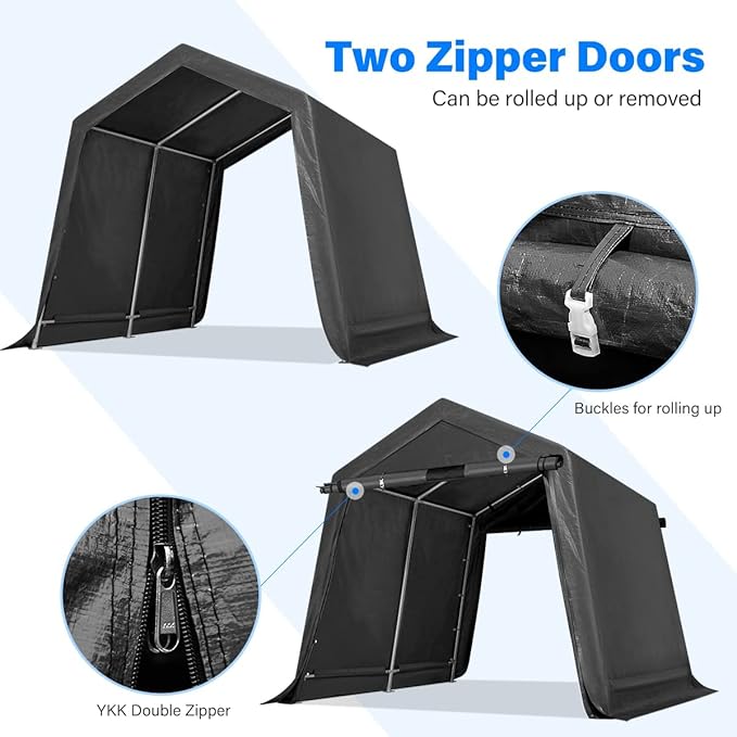 ADVANCE OUTDOOR 8x8 ft Storage Shelter Garage Tent with 2 Roll up Doors & Vents Outdoor Portable Carport for Motorcycle ATV Anti-UV Snow Resistant Waterproof, Gray