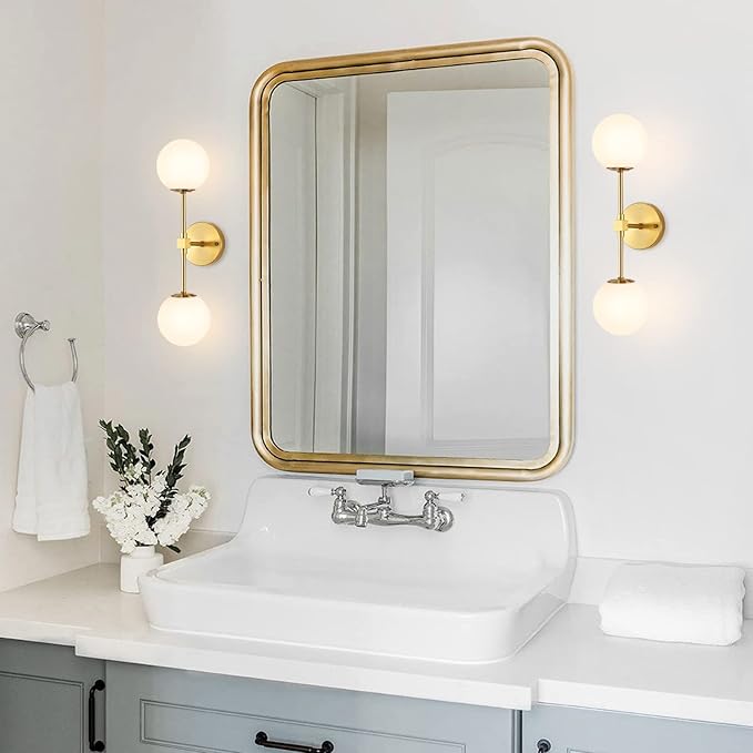Modern Wall Sconce 2-Lights Industrial Mid Century Bathroom Vanity Wall Light with White Globe Glass Lampshade Brushed Brass Finished Lighting Fixture (Gold Color)