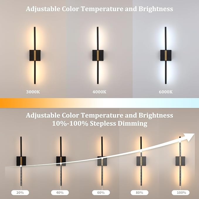 Battery Operated Wall Sconce Set of 2, 8000mAh Wireless Wall Sconces, 3000K-6000K Dimmable, 350°Rotate, Indoor Wall Lights with Remote for Bedroom Living Room Bathroom, Black Gold, 23.6 Inch