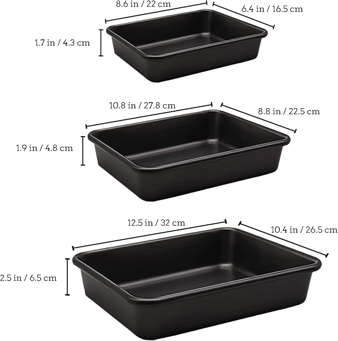 3-Pack Roasting Pan Set, Nonstick Baking Tray Set, Rectangular Bakeware for Oven, Non-Toxic Coating and Durable Quality (Black)
