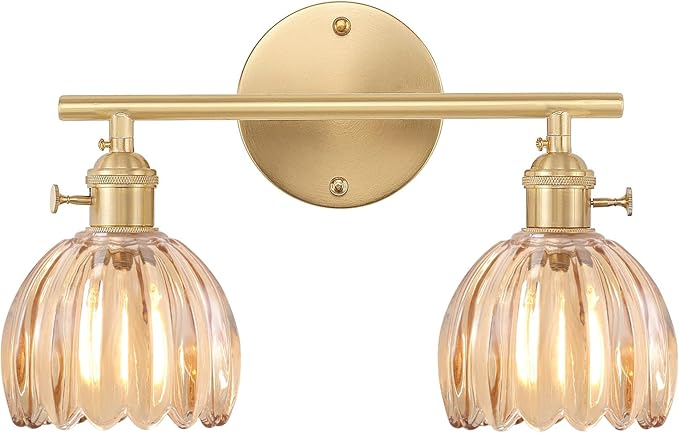 Bathroom Light Fixtures, 2-Light Brass Vanity Wall Light Over Mirror with Amber Tulip Glass Shade for Bedroom Living Room