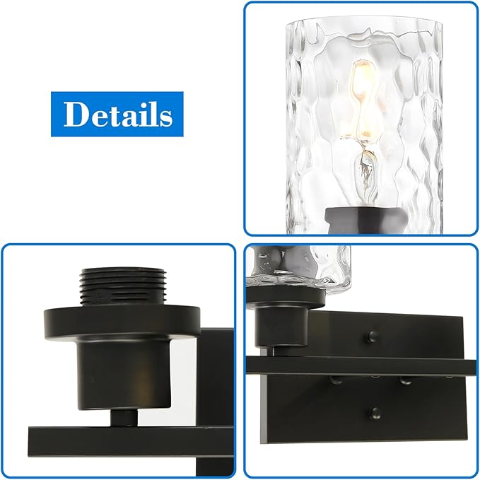 MELUCEE 3-Light Bathroom Light Fixtures, Vanity Lights Over Mirror Black Finish with Hammered Glass, Industrial Wall Light Fixture Suitable for Living Room Porch Kitchen (Patent No.: US D963914 S)