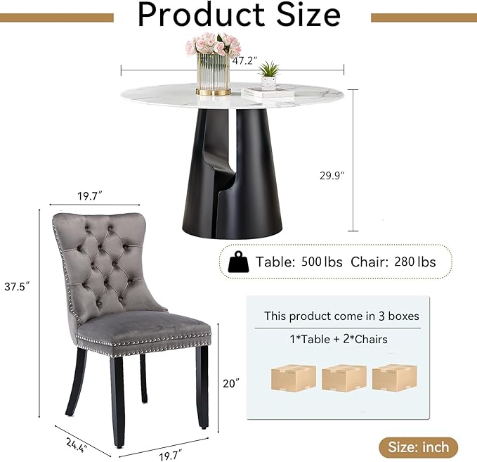 3-Piece Faux Marble Round Dining Table Set for 2, Modern Luxury Kitchen Table Set for 2 with Grey Tufted Chairs,Circle Dining Tables with White Marble Grain Top and Black Pedestal Base