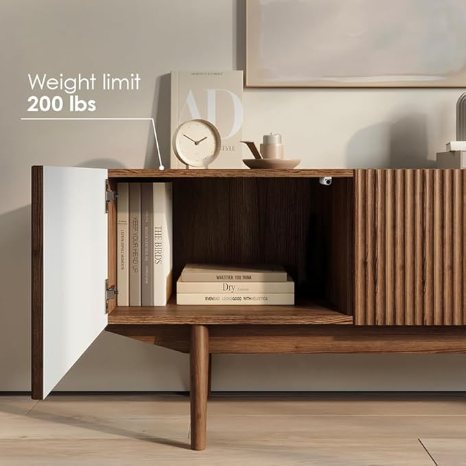 Living Skog TV Stand for Living Room TV Media Console Table, Modern Entertainment Center with Storage Scandinavian Midcentury Fluted Style Fits TV 50 55 60 65 70 inch, Wood Legs (Brown, Kelly 59 in)