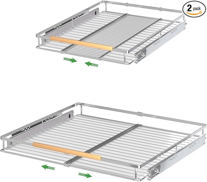 Expandable Pull Out Drawer Cabinet Organizers, Heavy Duty Slide Out Storage Shelf for Home Kitchen Pantry Cupboard Pots Pans, Adjustable Width from 16.2" to 26.2", Stainless 2 Packs