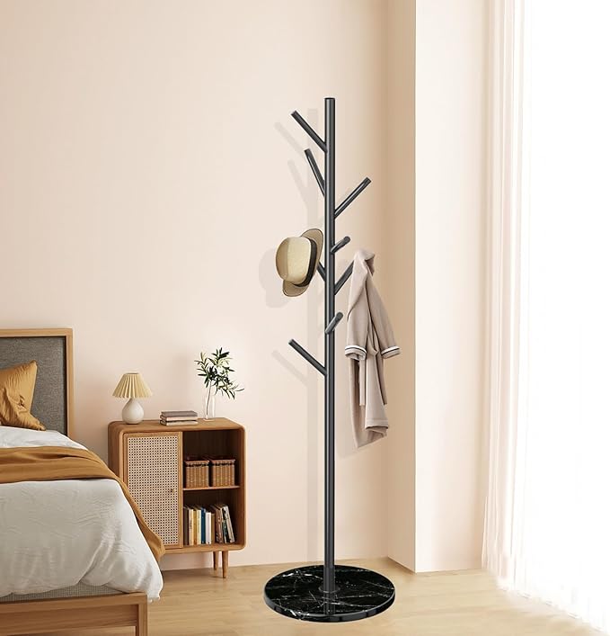 Coat Rack with Natural Marble Base, Metal Freestanding Coat Racks, Heavy Duty Coat Rack Stand with 8 Hooks for Hanging Scarf, Bag, Jacket, Black Coat Hall Tree Hanger Holder Stand