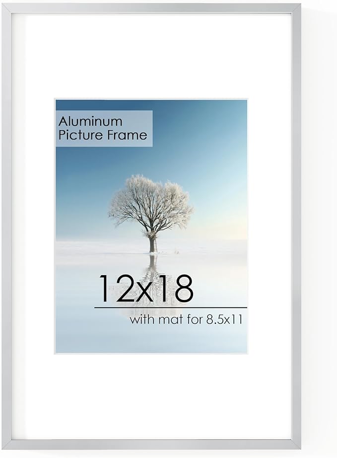 12x18 Metal Picture Frame for Wall With Mat for 8.5x11, 12''x18'' Aluminum Photo Frames With Tempered Glass for Home Decor, Minimalist Modern Poster Frame Horizontal And Vertical Formats, Silver