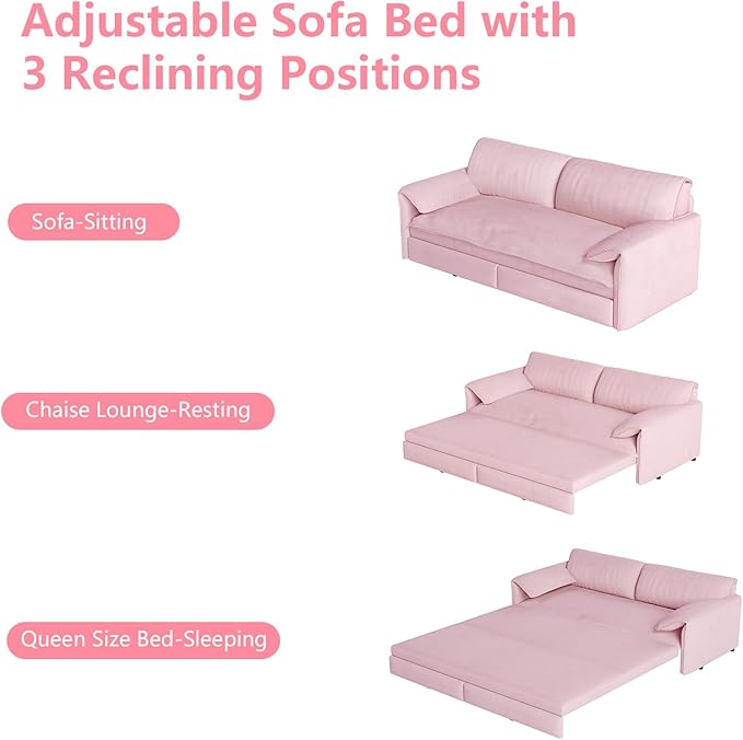 66-Inch Queen Size Convertible Sleeper Sofa Bed, 3-in-1 Pull-Out Futon Loveseat, Velvet Love Seat Couch with Side Pocket for Living Room, Office, Apartment, RV, Hide-A-Bed Fold Out Sofa&Couch