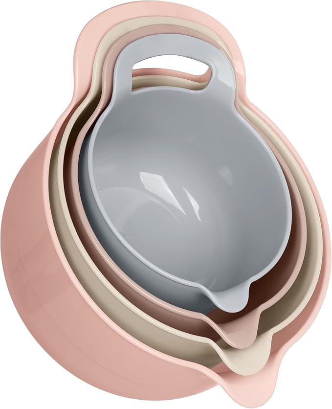 BoxedHome Nesting Plastic Mixing Bowl Set with Pour Spouts and Handles - Non Slip Bottom, BPA free Microwave & Dishwasher Safe(Khaki Pink, 4 Pack)